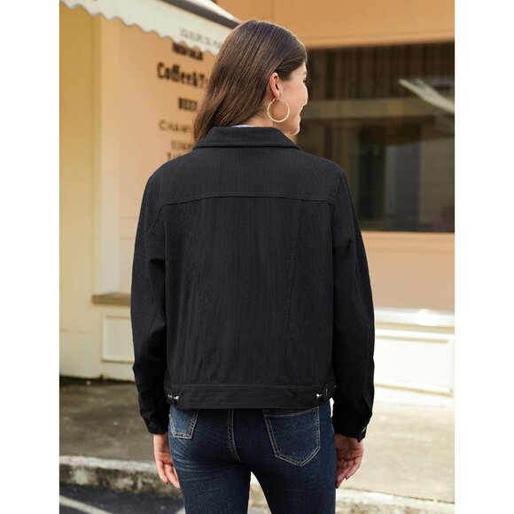 Women Black Corduroy Cropped Shacket Button Down Long Sleeve Casual Coat - Picture 4 of 6